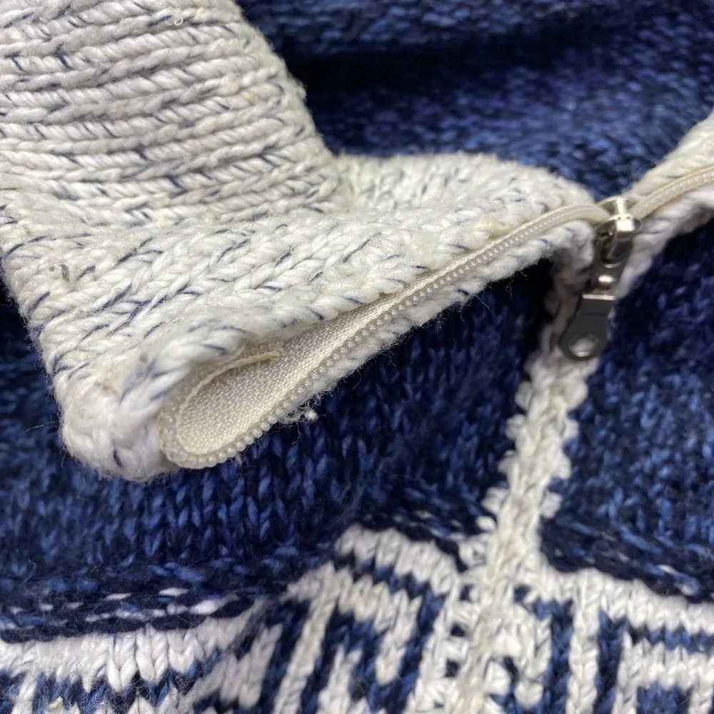 Vintage‎ Portugal Wool Blend Full Zip Greek Key Cardigan Sweater Blue White